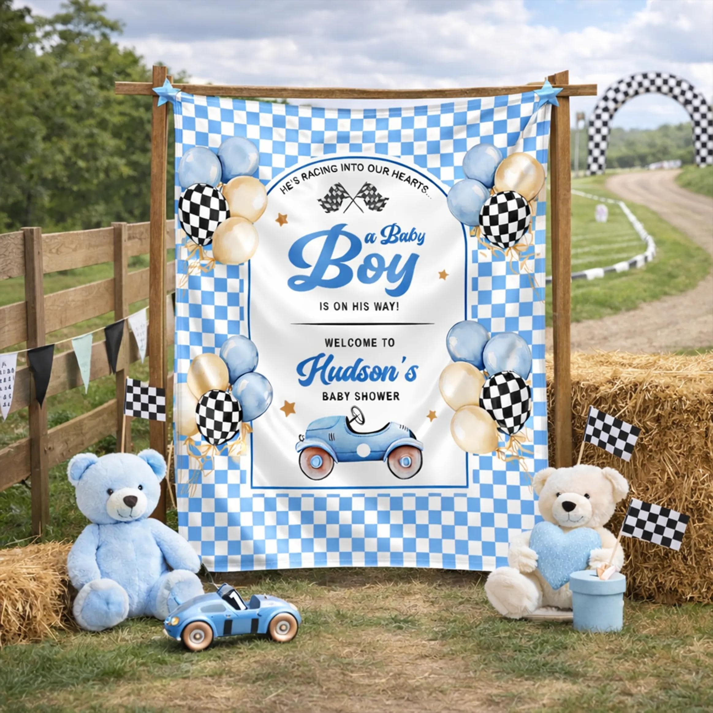 Personalized Blue Race Car Baby Shower Welcome Sign with Retro Racing Theme, Custom Silk Entrance Poster for Boy's Party Decor