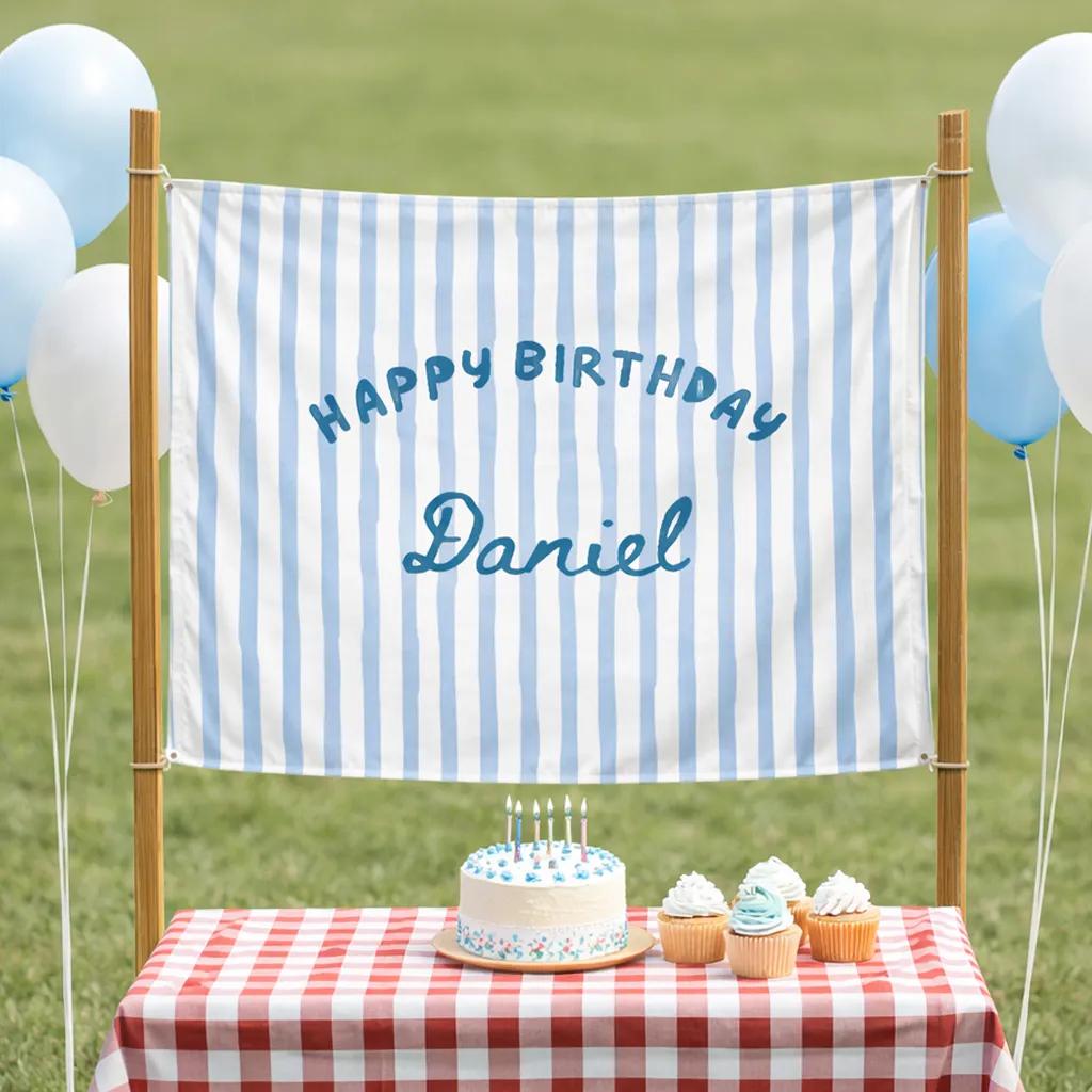 Personalized Blue Stripe Happy Birthday Banner with Custom Name Daniel, Kids Boy Party Backdrop, Playful Striped Party Decoration