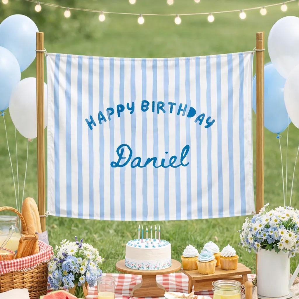 Personalized Blue Stripe Happy Birthday Banner with Custom Name Daniel, Kids Boy Party Backdrop, Playful Striped Party Decoration