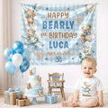 Personalized Blue Teddy Bear 1st Birthday Silk Banner & Bubble Romper, Custom Baby Outfit & Party Decor for Milestone Celebration