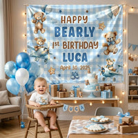 Personalized Blue Teddy Bear 1st Birthday Silk Banner & Bubble Romper, Custom Baby Outfit & Party Decor for Milestone Celebration