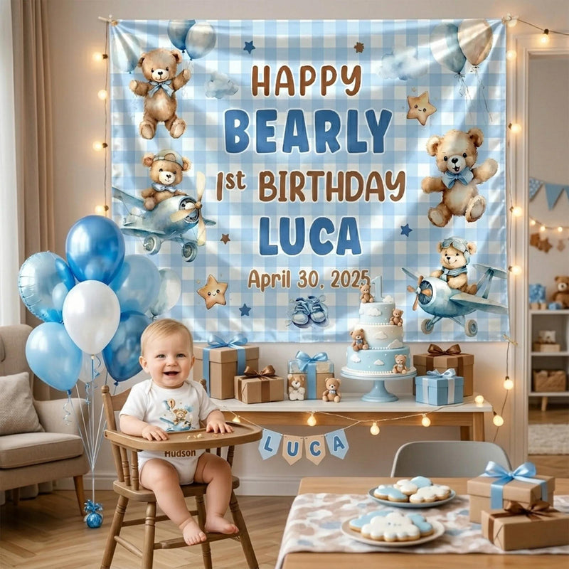 Personalized Blue Teddy Bear 1st Birthday Silk Banner & Bubble Romper, Custom Baby Outfit & Party Decor for Milestone Celebration