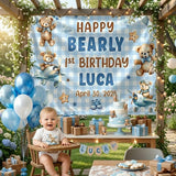 Personalized Blue Teddy Bear 1st Birthday Silk Banner & Bubble Romper, Custom Baby Outfit & Party Decor for Milestone Celebration