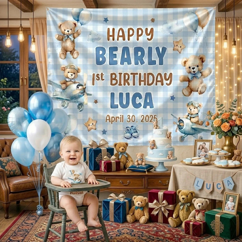 Personalized Blue Teddy Bear 1st Birthday Silk Banner & Bubble Romper, Custom Baby Outfit & Party Decor for Milestone Celebration