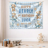 Personalized Blue Teddy Bear 1st Birthday Silk Banner & Bubble Romper, Custom Baby Outfit & Party Decor for Milestone Celebration