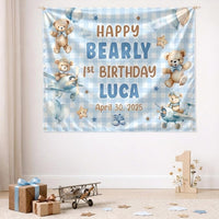 Personalized Blue Teddy Bear 1st Birthday Silk Banner & Bubble Romper, Custom Baby Outfit & Party Decor for Milestone Celebration