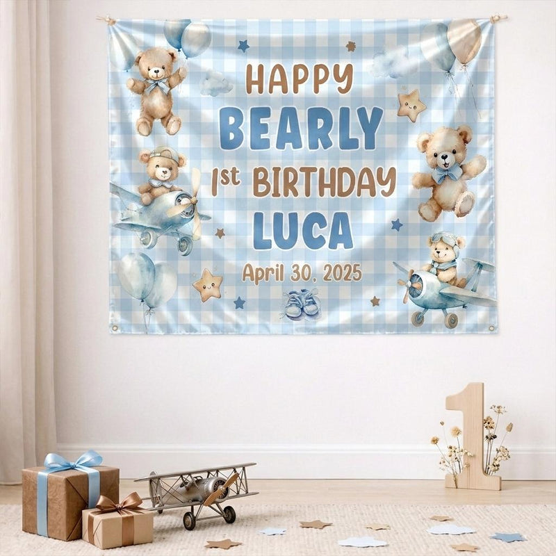 Personalized Blue Teddy Bear 1st Birthday Silk Banner & Bubble Romper, Custom Baby Outfit & Party Decor for Milestone Celebration