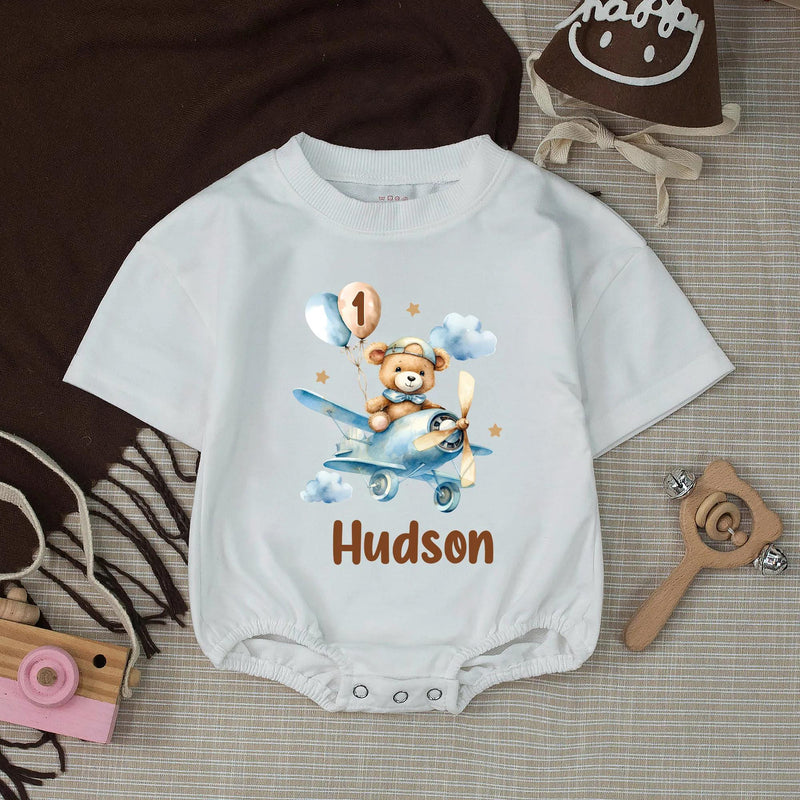 Personalized Blue Teddy Bear 1st Birthday Silk Banner & Bubble Romper, Custom Baby Outfit & Party Decor for Milestone Celebration