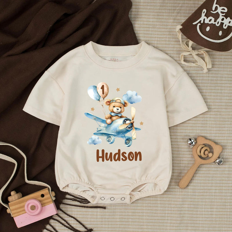 Personalized Blue Teddy Bear 1st Birthday Silk Banner & Bubble Romper, Custom Baby Outfit & Party Decor for Milestone Celebration