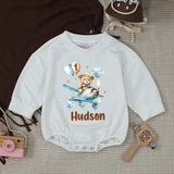 Personalized Blue Teddy Bear 1st Birthday Silk Banner & Bubble Romper, Custom Baby Outfit & Party Decor for Milestone Celebration