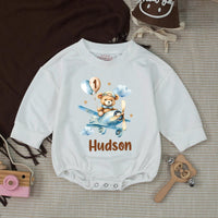 Personalized Blue Teddy Bear 1st Birthday Silk Banner & Bubble Romper, Custom Baby Outfit & Party Decor for Milestone Celebration