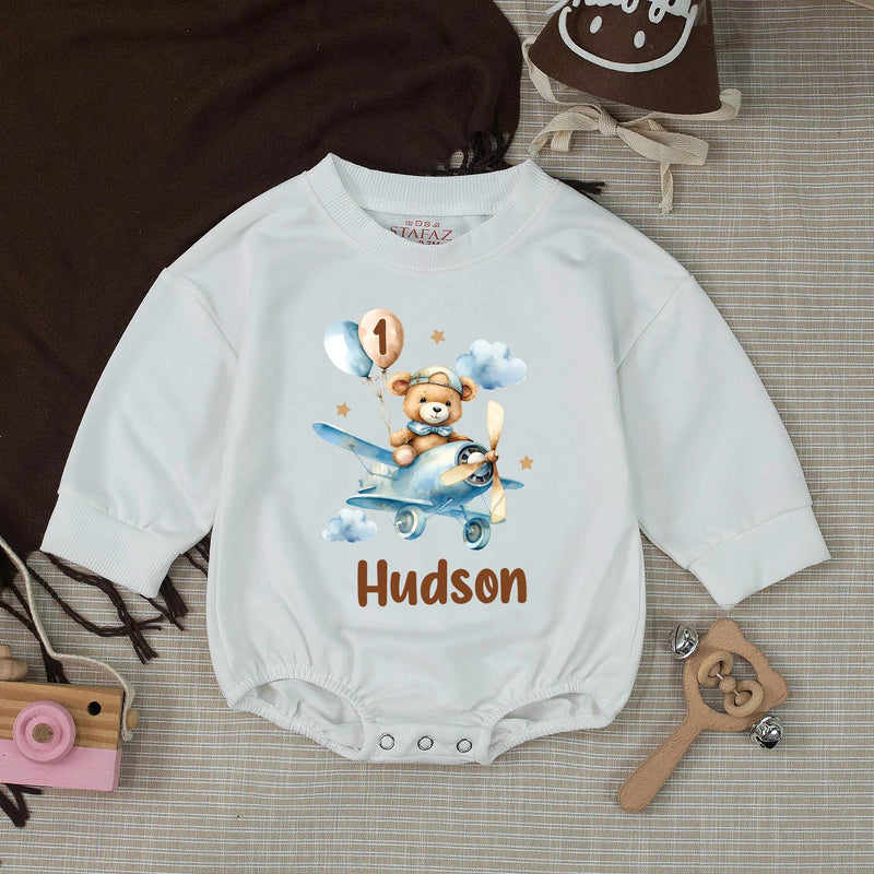 Personalized Blue Teddy Bear 1st Birthday Silk Banner & Bubble Romper, Custom Baby Outfit & Party Decor for Milestone Celebration
