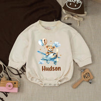Personalized Blue Teddy Bear 1st Birthday Silk Banner & Bubble Romper, Custom Baby Outfit & Party Decor for Milestone Celebration