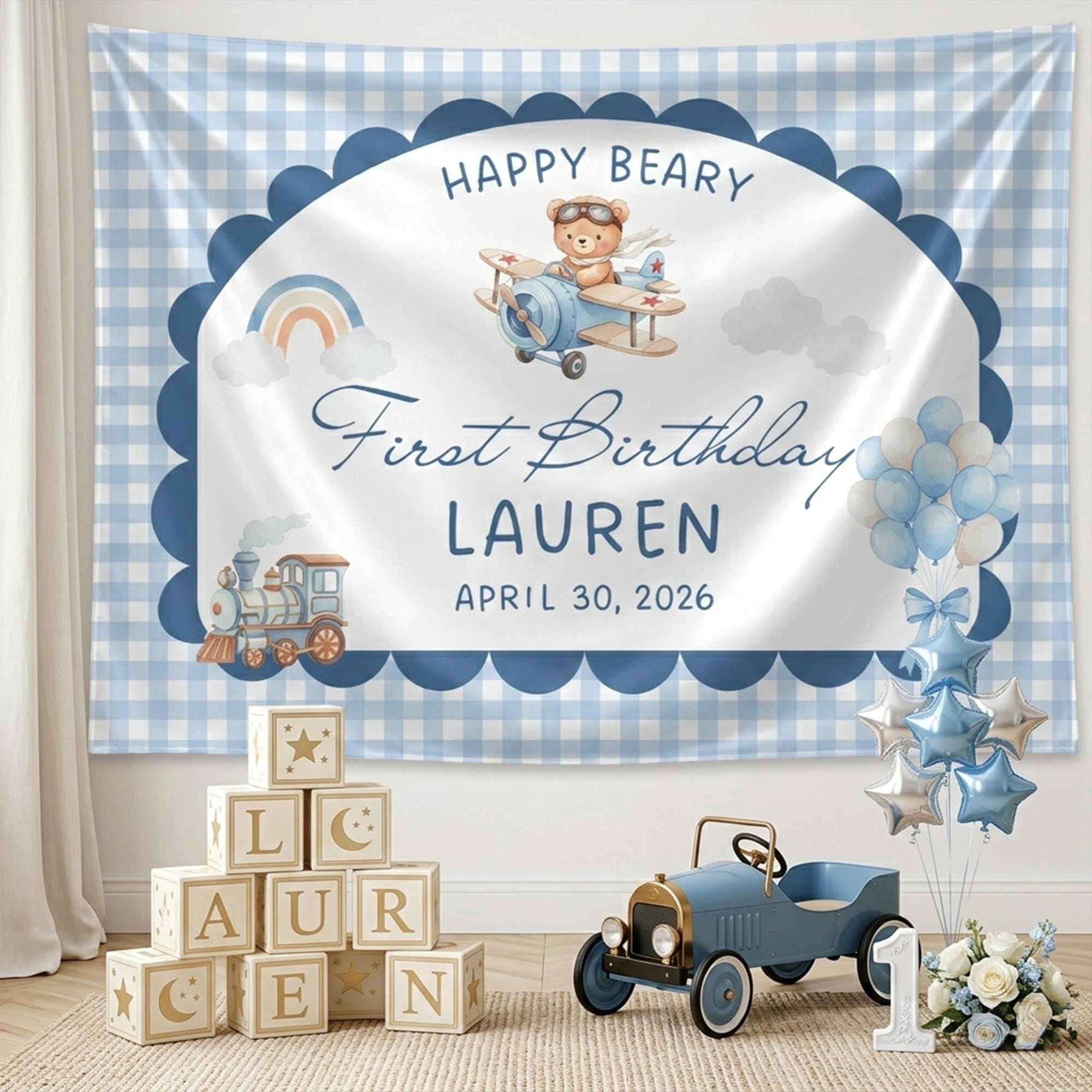 Personalized Blue Teddy Bear First Birthday Banner with Airplane Design for Baby Boy Party, Happy Beary Theme, Custom Name and Date Decor