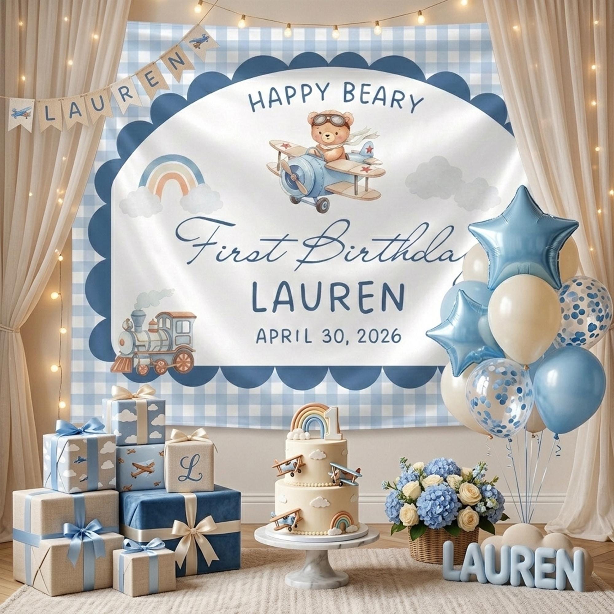 Personalized Blue Teddy Bear First Birthday Banner with Airplane Design for Baby Boy Party, Happy Beary Theme, Custom Name and Date Decor