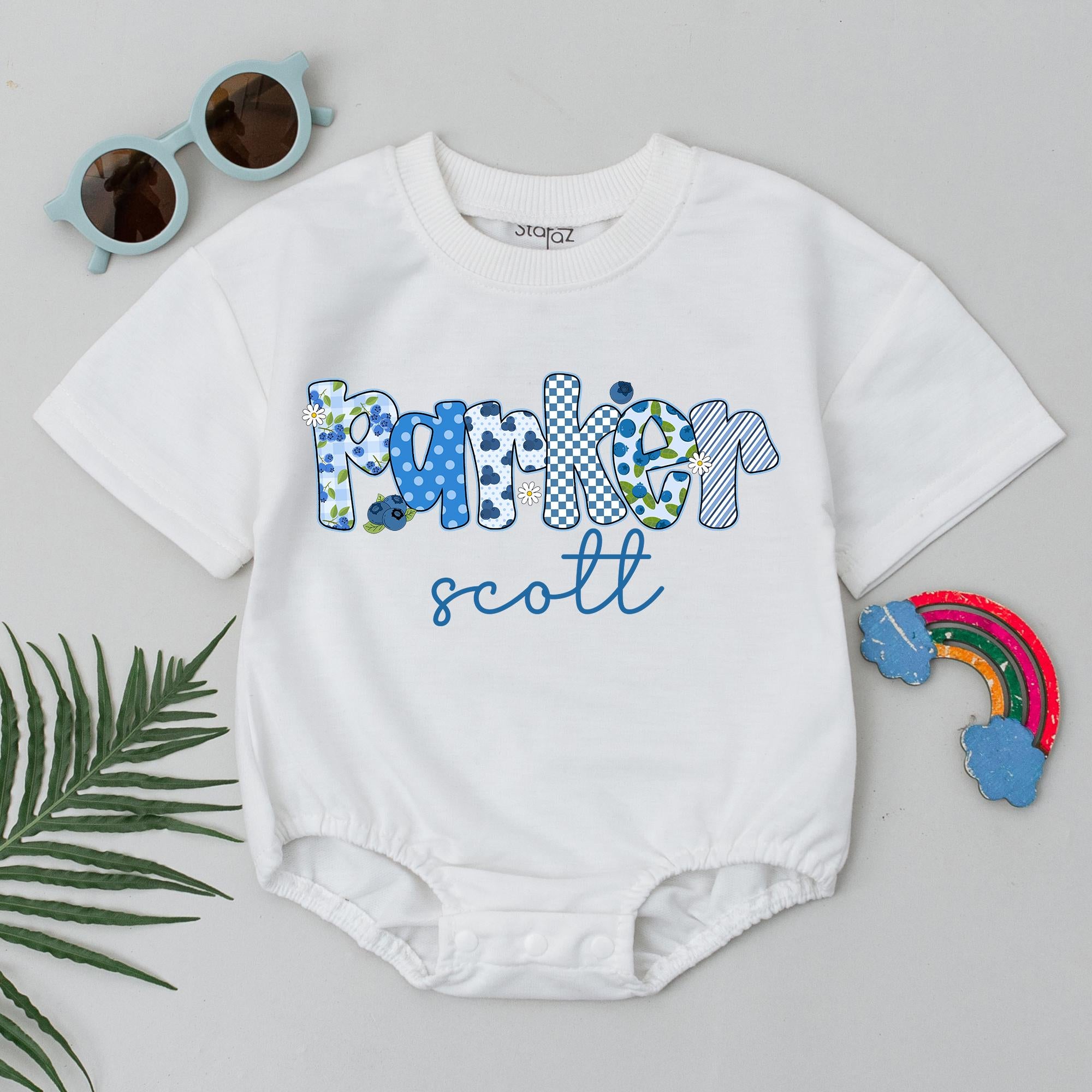 Personalized Blueberry Baby Romper with Name, Soft Cotton Outfit for Girls or Boys, Birthday or Baby Shower Gift, Whimsical Blue Design