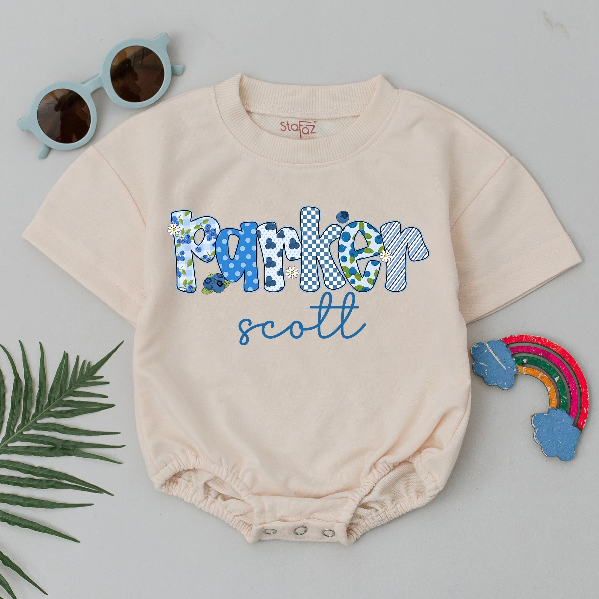 Personalized Blueberry Baby Romper with Name, Soft Cotton Outfit for Girls or Boys, Birthday or Baby Shower Gift, Whimsical Blue Design