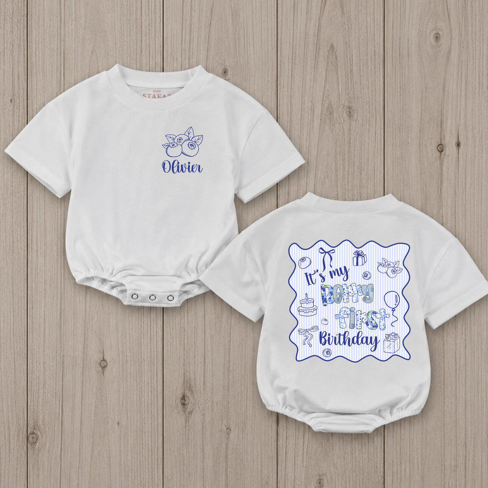 Personalized Blueberry First Birthday Baby Romper Custom Name Outfit for Boys Sweet Berry Design Cake Smash Party Clothes Gift