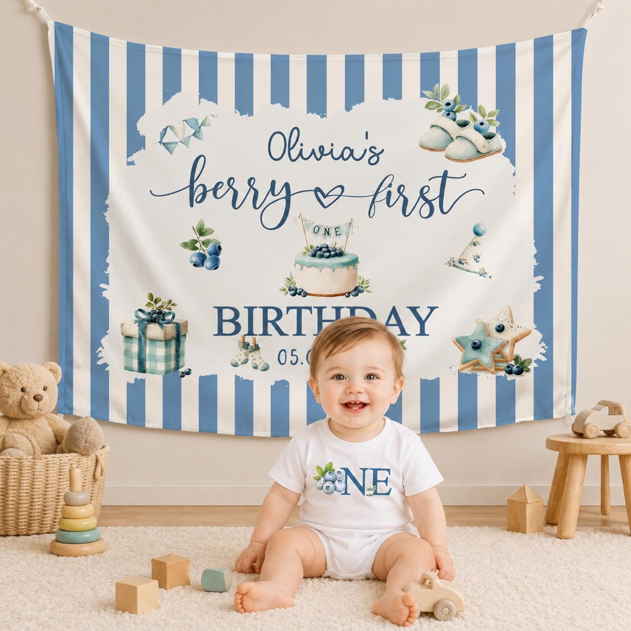 Personalized Blueberry First Birthday Outfit for Baby Girl, Sweet One Romper and Banner Set with Nature-Inspired Botanical Design