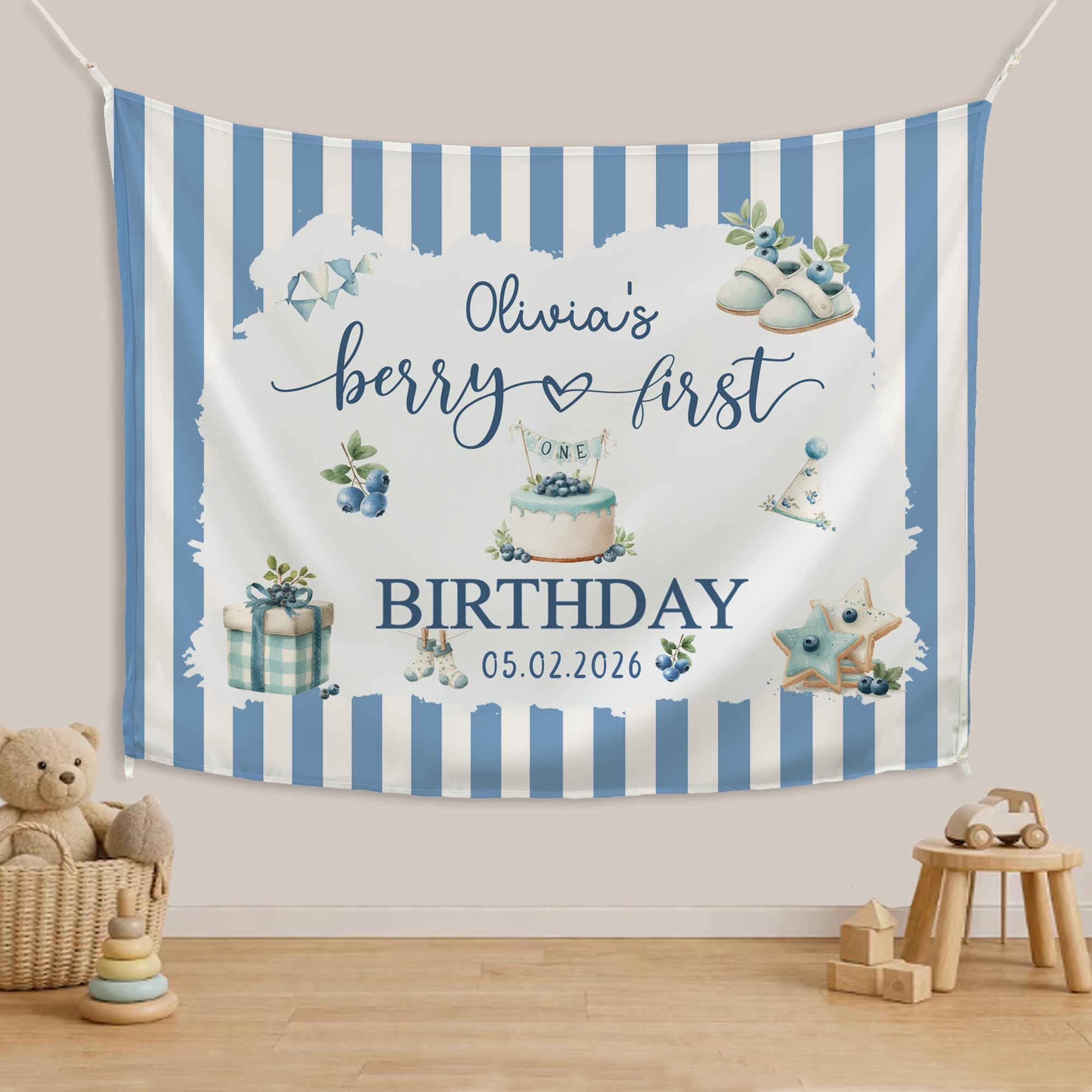 Personalized Blueberry First Birthday Outfit for Baby Girl, Sweet One Romper and Banner Set with Nature-Inspired Botanical Design