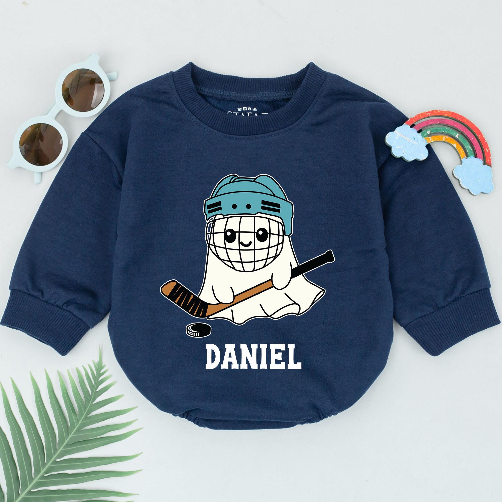 Personalized Boo Game Day Romper with Teal Helmet Ghost Halloween Outfit for Baby Boys First Holiday Fun Playful Custom Design