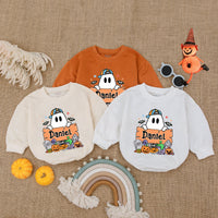 Personalized Boo Halloween Baby Romper with Cartoon Ghost My First Halloween Outfit Pumpkin Bodysuit Gift for Baby Boy Costume