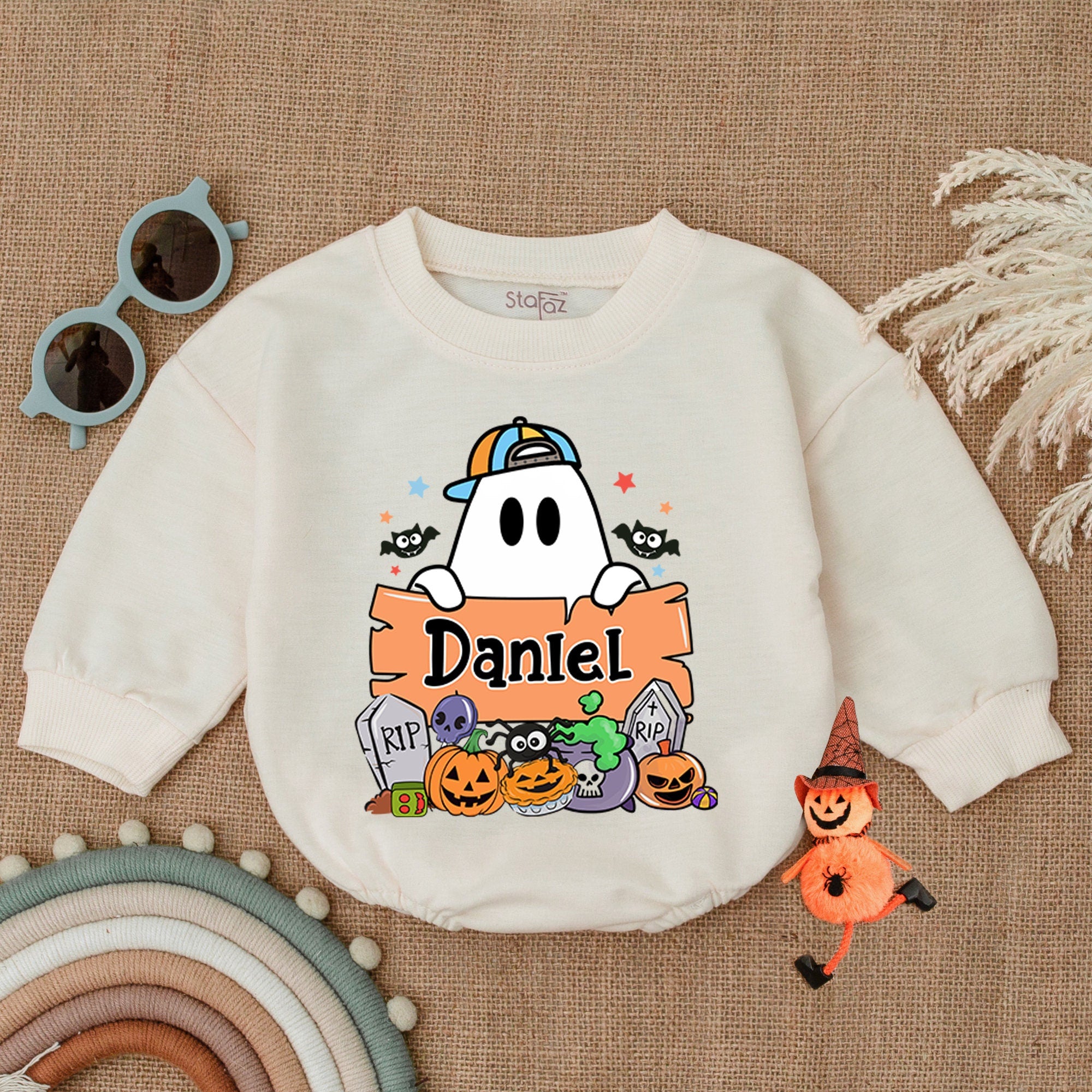 Personalized Boo Halloween Baby Romper with Cartoon Ghost My First Halloween Outfit Pumpkin Bodysuit Gift for Baby Boy Costume