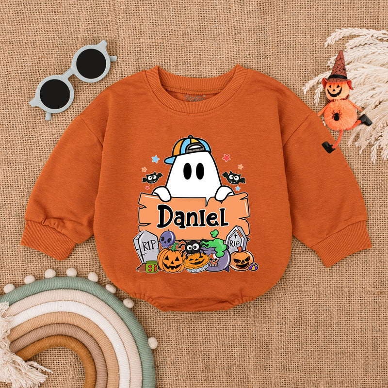 Personalized Boo Halloween Baby Romper with Cartoon Ghost My First Halloween Outfit Pumpkin Bodysuit Gift for Baby Boy Costume