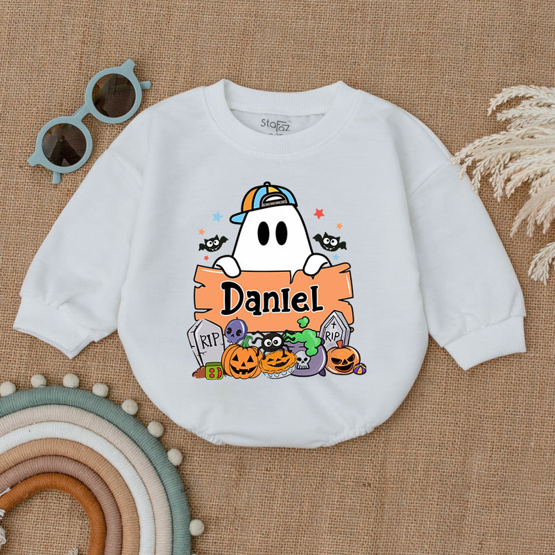 Personalized Boo Halloween Baby Romper with Cartoon Ghost My First Halloween Outfit Pumpkin Bodysuit Gift for Baby Boy Costume
