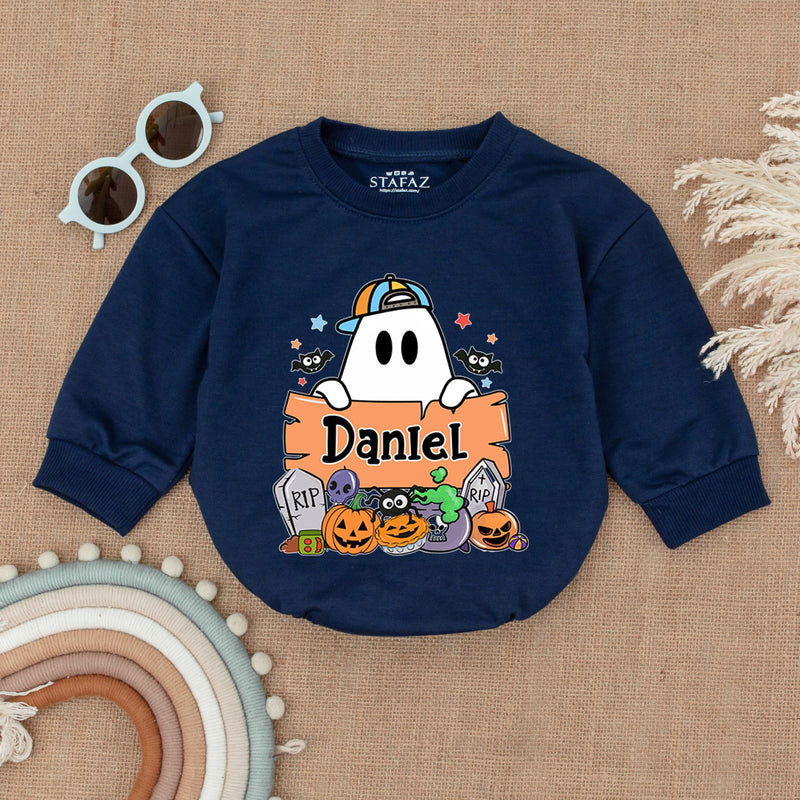 Personalized Boo Halloween Baby Romper with Cartoon Ghost My First Halloween Outfit Pumpkin Bodysuit Gift for Baby Boy Costume