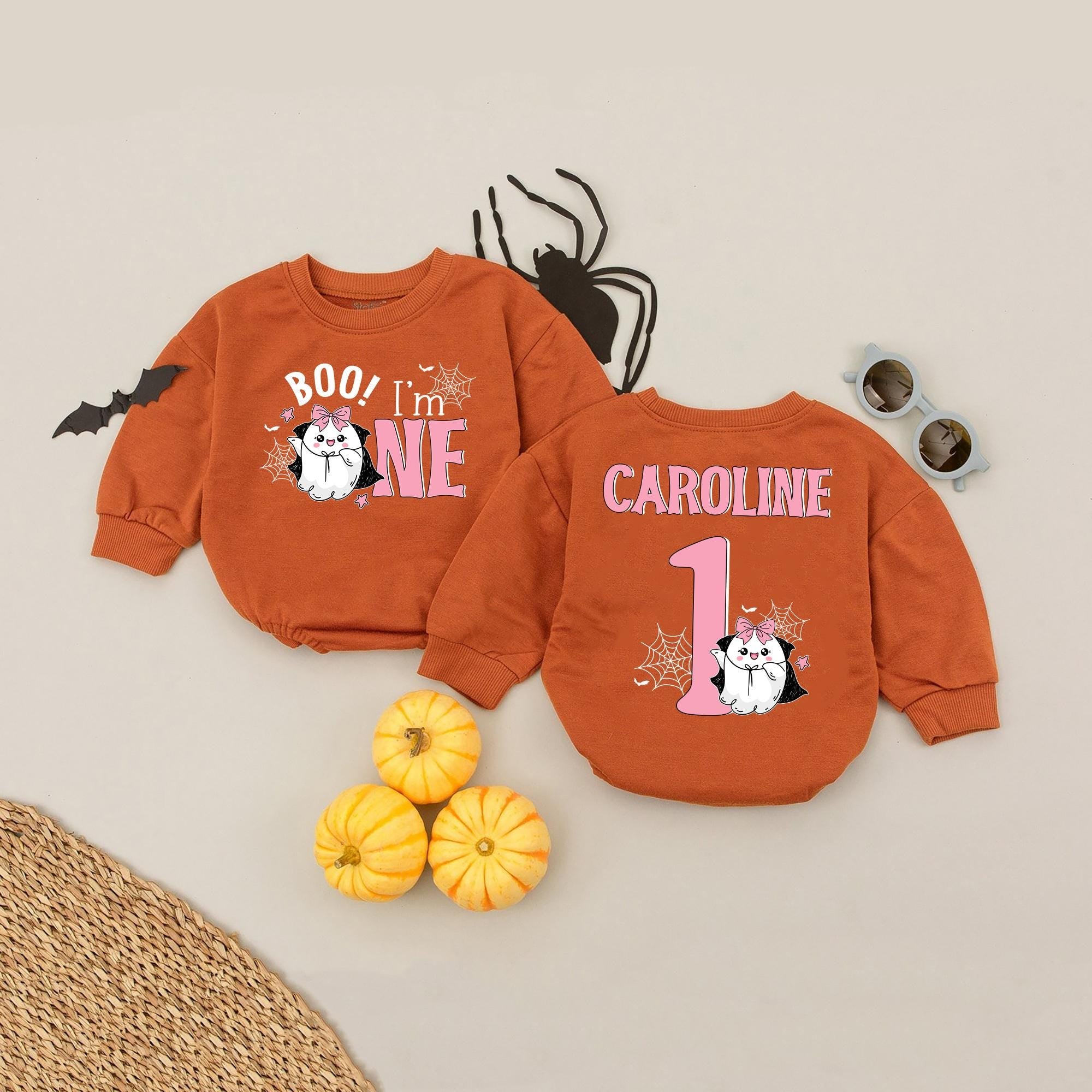 Personalized Boo I'm One Baby Romper Cute Ghost Girl 1st Birthday Outfit Pink Pastel Halloween Celebration Caroline Custom Name