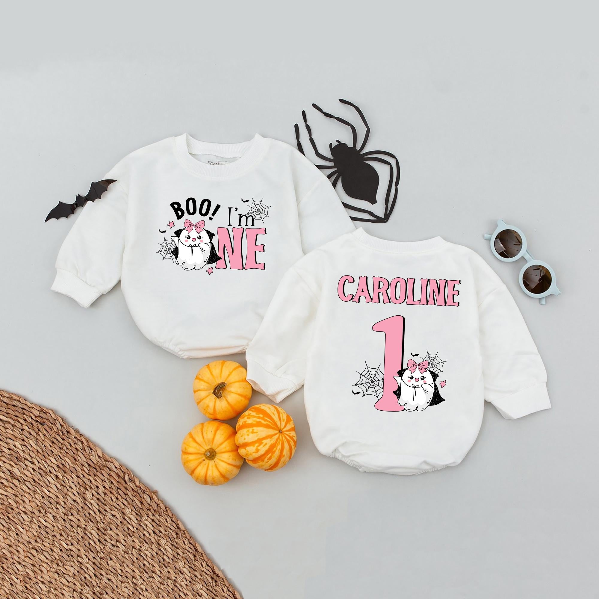 Personalized Boo I'm One Baby Romper Cute Ghost Girl 1st Birthday Outfit Pink Pastel Halloween Celebration Caroline Custom Name