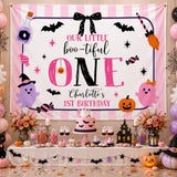 Personalized Boo-tiful One Birthday Silk Banner for Girls with Pink Coquette Artwork, Halloween Theme, Perfect for 1st Birthday Parties