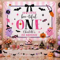 Personalized Boo-tiful One Birthday Silk Banner for Girls with Pink Coquette Artwork, Halloween Theme, Perfect for 1st Birthday Parties