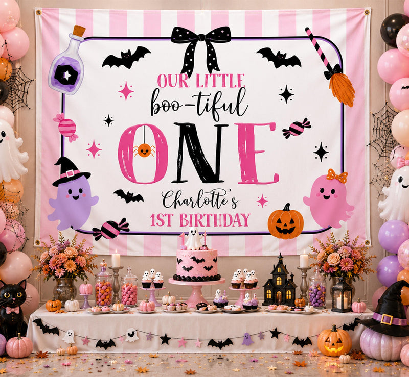 Personalized Boo-tiful One Birthday Silk Banner for Girls with Pink Coquette Artwork, Halloween Theme, Perfect for 1st Birthday Parties