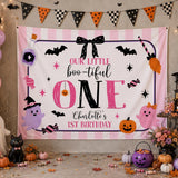 Personalized Boo-tiful One Birthday Silk Banner for Girls with Pink Coquette Artwork, Halloween Theme, Perfect for 1st Birthday Parties