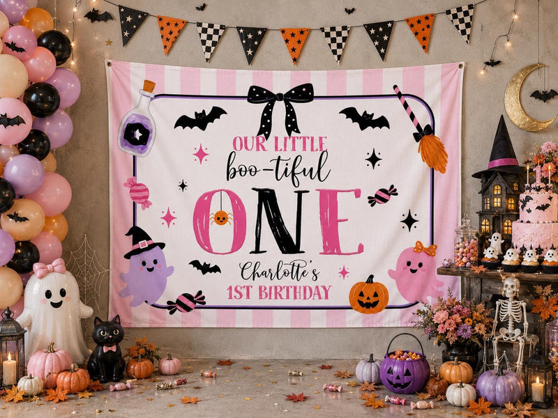 Personalized Boo-tiful One Birthday Silk Banner for Girls with Pink Coquette Artwork, Halloween Theme, Perfect for 1st Birthday Parties