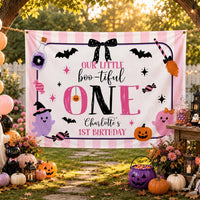 Personalized Boo-tiful One Birthday Silk Banner for Girls with Pink Coquette Artwork, Halloween Theme, Perfect for 1st Birthday Parties