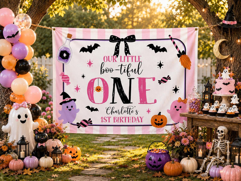 Personalized Boo-tiful One Birthday Silk Banner for Girls with Pink Coquette Artwork, Halloween Theme, Perfect for 1st Birthday Parties