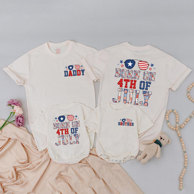 Personalized Born on 4th of July Baby Romper Patriotic Family Matching Shirts Independence Day Outfit with Red White Blue Plaid Design