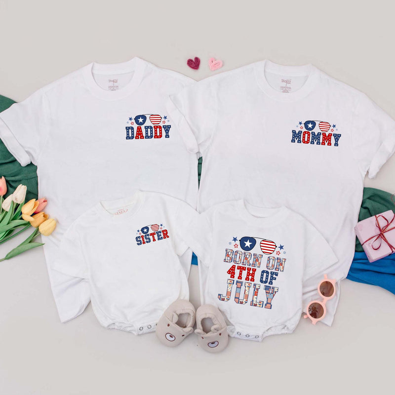 Personalized Born on 4th of July Baby Romper Patriotic Family Matching Shirts Independence Day Outfit with Red White Blue Plaid Design
