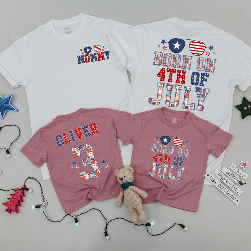 Personalized Born on 4th of July Baby Romper Patriotic Family Matching Shirts Independence Day Outfit with Red White Blue Plaid Design