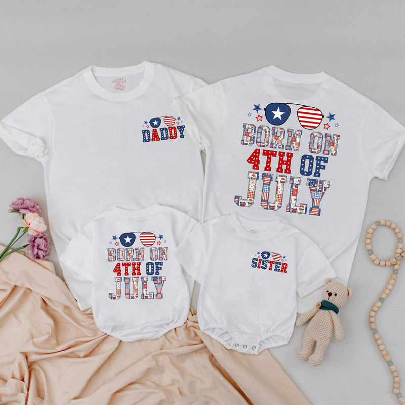 Personalized Born on 4th of July Baby Romper Patriotic Family Matching Shirts Independence Day Outfit with Red White Blue Plaid Design