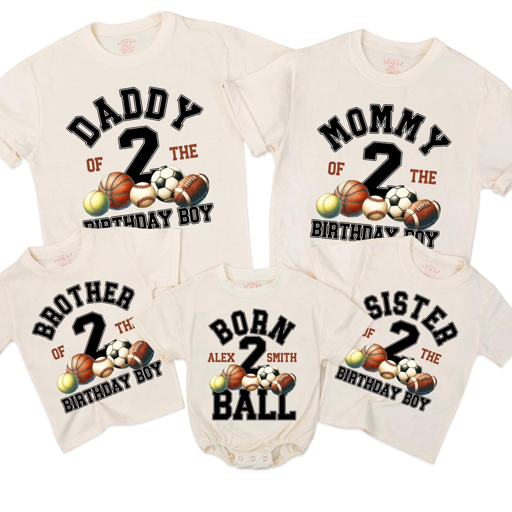 Personalized Born 2 Ball Birthday Family Shirts for 2nd Birthday, Custom Matching Outfit with Sports Design for Daddy, Mommy, Brother, Sister