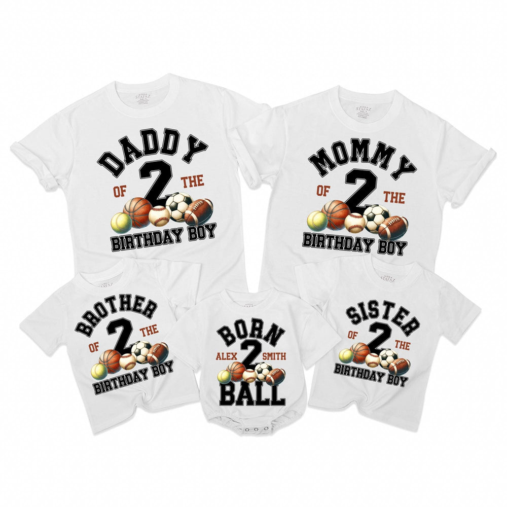 Personalized Born 2 Ball Birthday Family Shirts for 2nd Birthday, Custom Matching Outfit with Sports Design for Daddy, Mommy, Brother, Sister