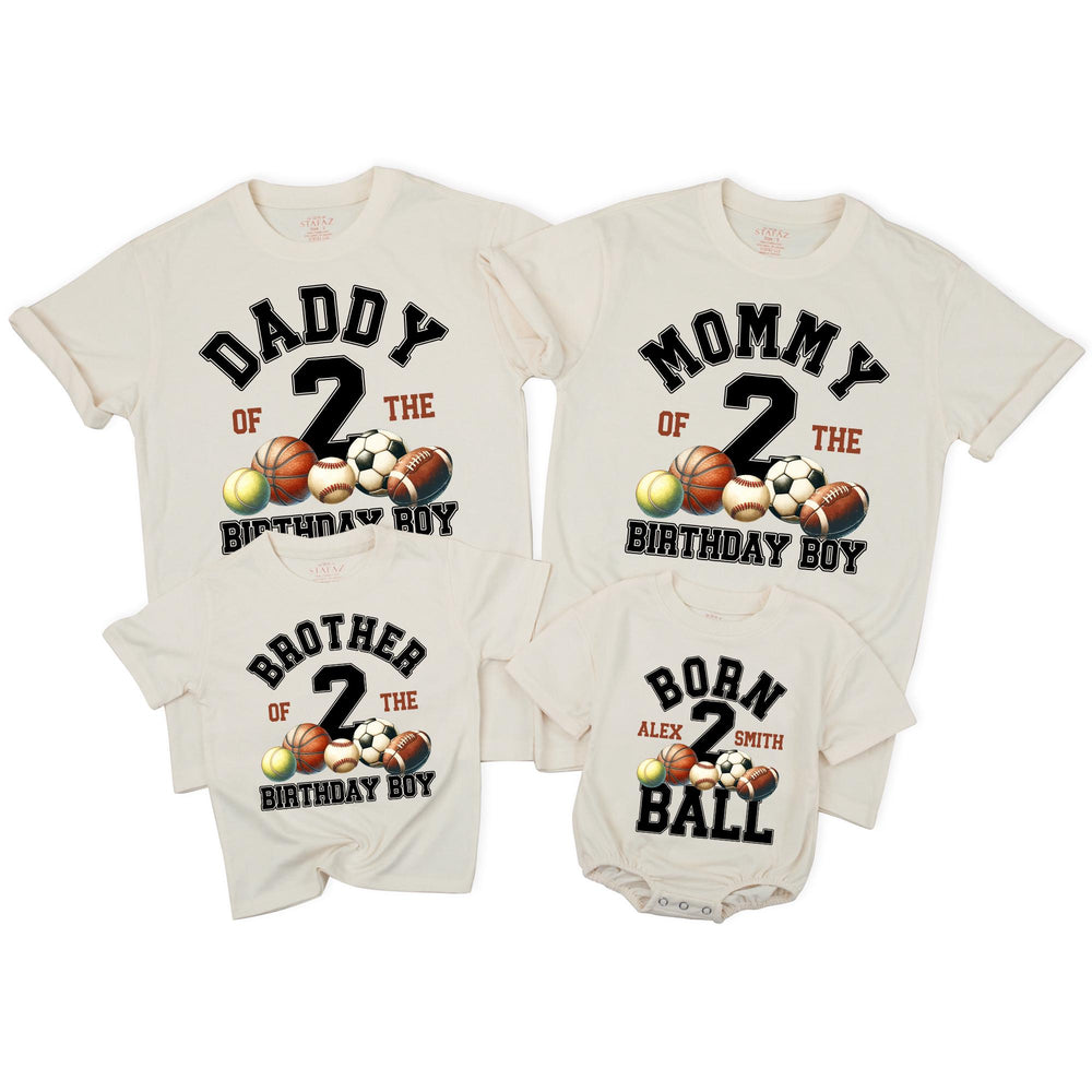 Personalized Born 2 Ball Birthday Family Shirts for 2nd Birthday, Custom Matching Outfit with Sports Design for Daddy, Mommy, Brother, Sister