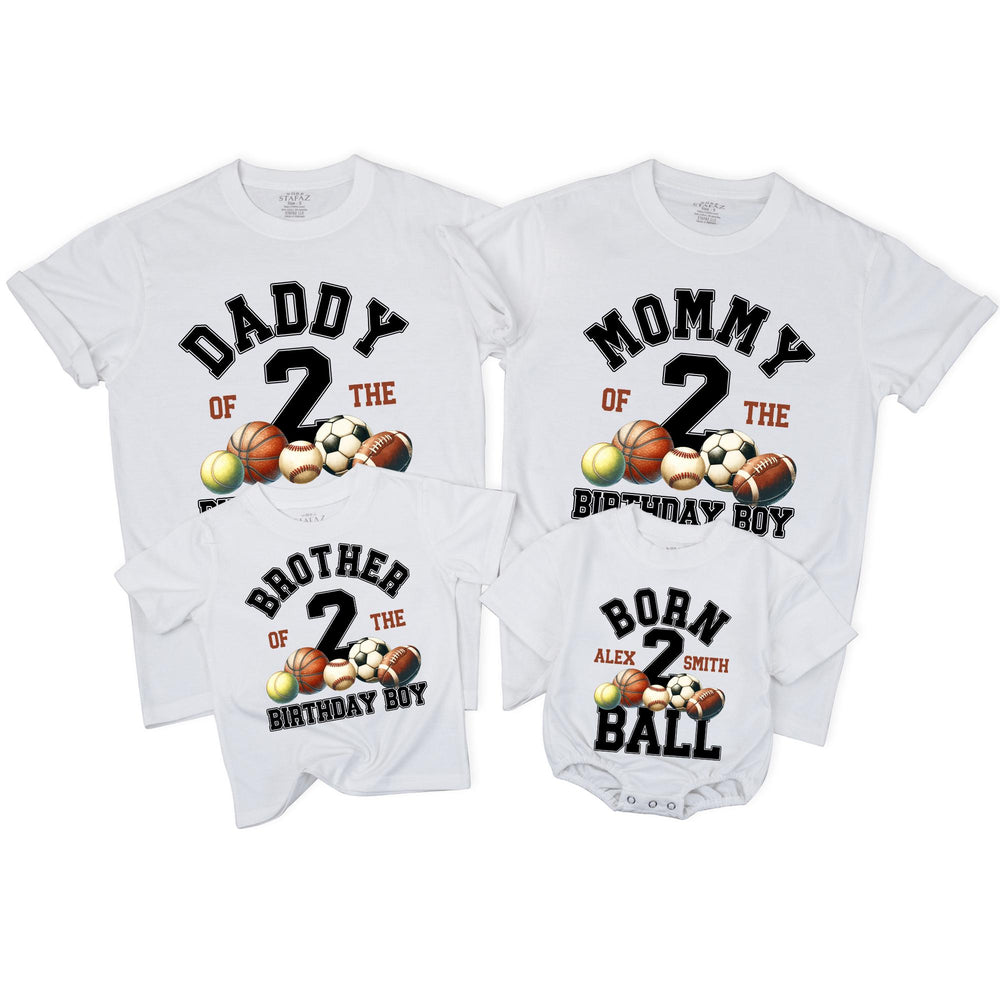 Personalized Born 2 Ball Birthday Family Shirts for 2nd Birthday, Custom Matching Outfit with Sports Design for Daddy, Mommy, Brother, Sister