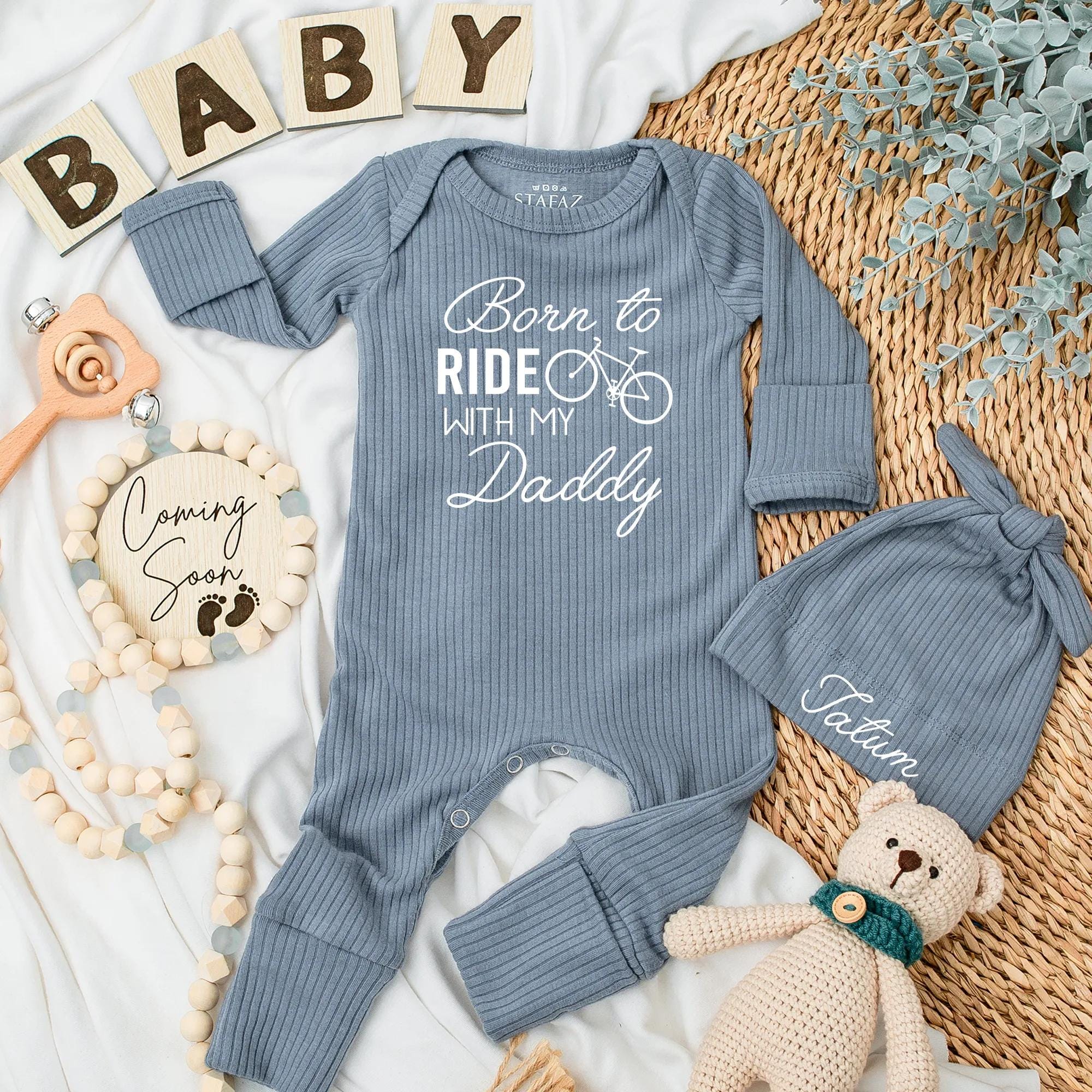 Personalized Born to Ride Baby Bodysuit with Bicycle Graphic Custom Name Father's Day Gift Cute Newborn Clothes Cycling Boy Outfit