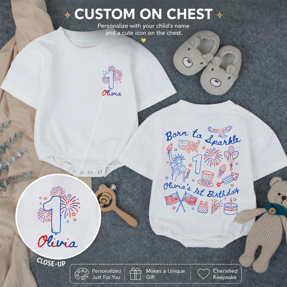Personalized Born to Sparkle 1st Birthday Outfit for Baby Girl, Red White Blue Romper with Fireworks Design, Olivia's First Birthday Shirt