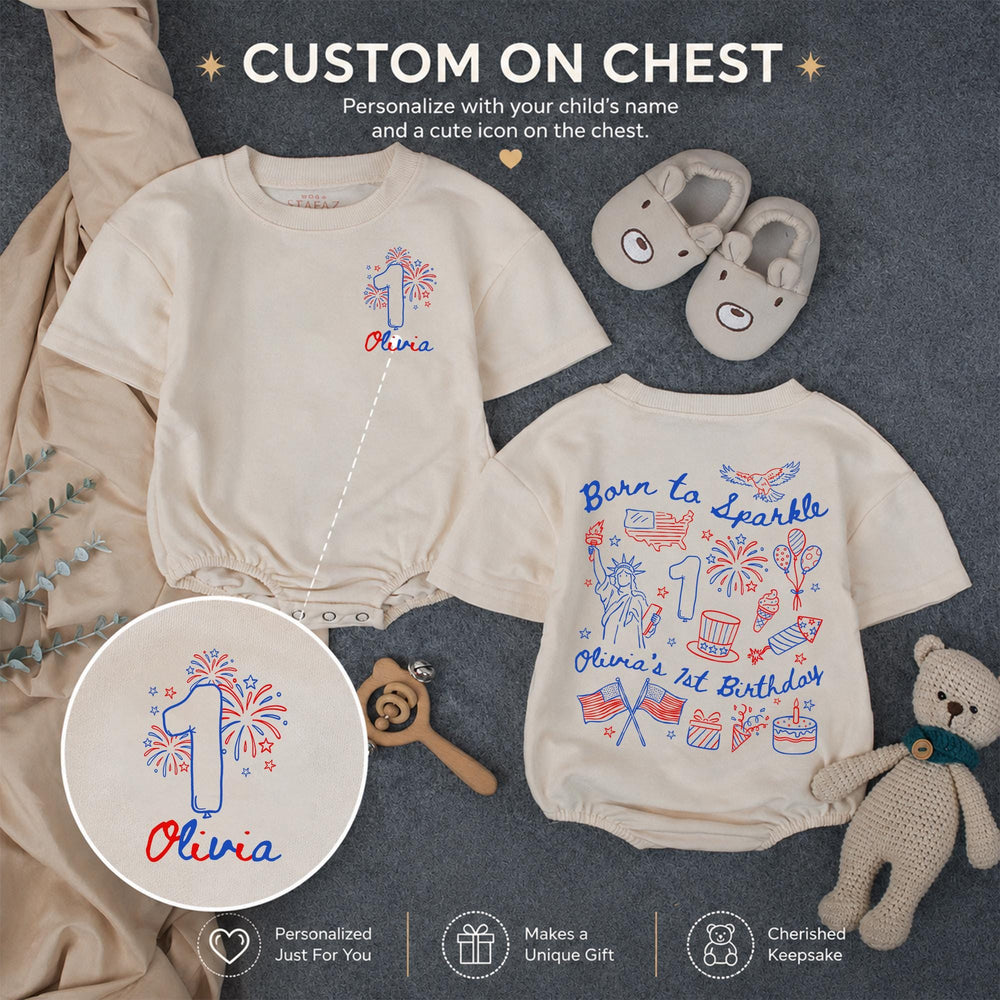 Personalized Born to Sparkle 1st Birthday Outfit for Baby Girl, Red White Blue Romper with Fireworks Design, Olivia's First Birthday Shirt